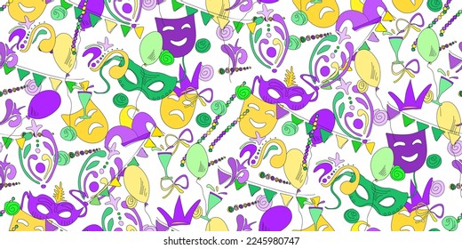 Colourful hand drawn doodle Mardi Gras symbols. Carnival Party seamless pattern. Masquerade ornament. Holiday Mardi Gras party. Design for Carnival, Mardi Gras, web template. Vector illustration