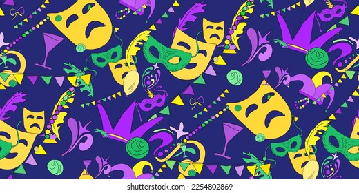 Colourful hand drawn doodle Mardi Gras symbols. Carnival Party seamless pattern. Masquerade ornament. Holiday Mardi Gras party. Design for Carnival, Mardi Gras, web template. Vector illustration