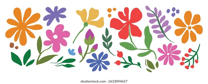 Colourful hand drawn flowers. Floral backdrop decorated with gorgeous multicolored blooming flowers and leaves border. Spring botanical flat vector illustration on white background