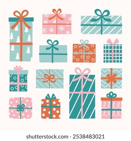 Colourful hand drawn gift boxes set. Christmas decoration. Vector illustration