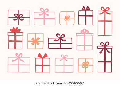 Colourful hand drawn gift boxes set. Christmas decoration. Vector illustration