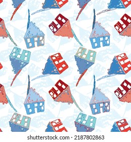 Colourful Hand Drawn Houses In Shades Of Blue And Red On White Background. Rough Grunge Drawing Seamless Vector Pattern For Kids Fashion, Wallpaper, Wrapping Paper And Home Decor.