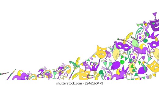 Colourful hand drawn Mardi Gras symbols. Carnival Party pattern. Masquerade ornament frame. Holiday Mardi Gras party. Design for Carnival, Mardi Gras, web template. Vector illustration
