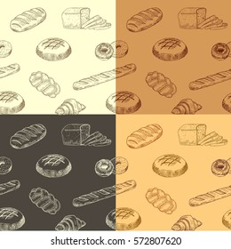 Colourful hand drawn pattern with realistic baking. Vector illustration. Seamless wallpaper with bread silhouette designed for print, packing, booklet or poster design.
