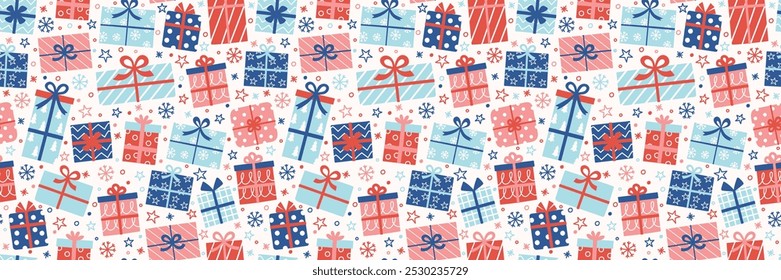 Colourful hand drawn presents background. Christmas seamless texture. Banner. Vector illustration