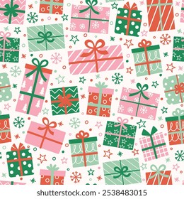 Colourful hand drawn presents background. Christmas seamless texture. Banner. Vector illustration