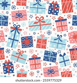Colourful hand drawn presents background. Christmas seamless texture. Banner. Vector illustration