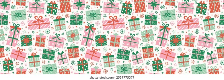 Colourful hand drawn presents background. Christmas seamless texture. Banner. Vector illustration