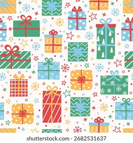 Colourful hand drawn presents background. Christmas seamless texture. Banner. Vector illustration