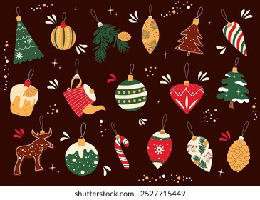 Colourful hand drawn set of Christmas toys. Vector winter decoration.