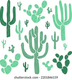 Colourful hand drawn set of desert cactus. Cartoon collection of southwest american and mexican cactuses. Vector isolated clipart of saguaro and opuntia illustration o white background.