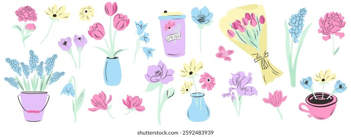 Colourful hand drawn set of spring flowers, coffee cup, vases with flowers. Vector illustration.