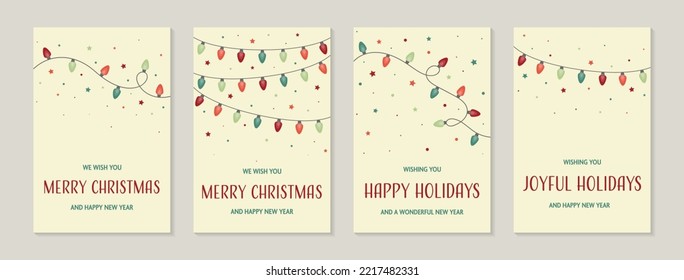 Colourful Hand Drawn String Of Lights. Christmas Cards Collection. Vector Illustration