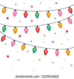 Colourful Hand Drawn String Of Lights. Christmas Background. Vector Illustration