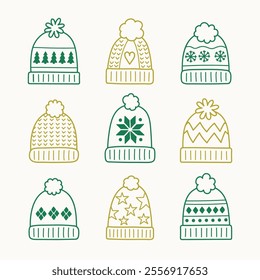 Colourful hand drawn winter hat set. Christmas elements. Vector illustration
