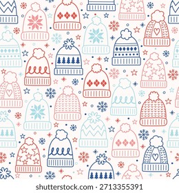 Colourful hand drawn winter hat background. Christmas seamless texture. Vector illustration