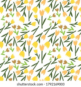 Colourful hand drawn yellow tulips vector illustration, botanical illustration, floral elements, repeatable background. Artistic  white backdrop.   fabric designs product. Swatch collection.