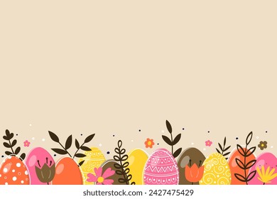 Colourful hand painted Easter eggs. Design for a poster, card and banner. Vector illustration