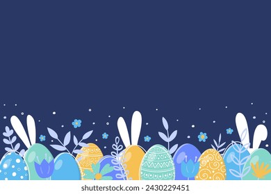 Colourful hand painted Easter eggs, bunnies and flowers. Design for a poster, card and banner. Vector illustration