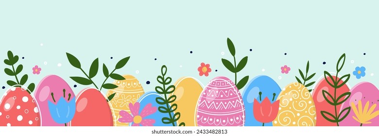 Colourful hand painted Easter eggs. Design for a banner. Panoramic header. Vector illustration