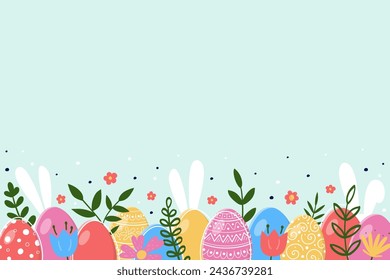 Colourful hand painted Easter eggs, bunnies and flowers. Design for a poster, card and banner. Vector illustration