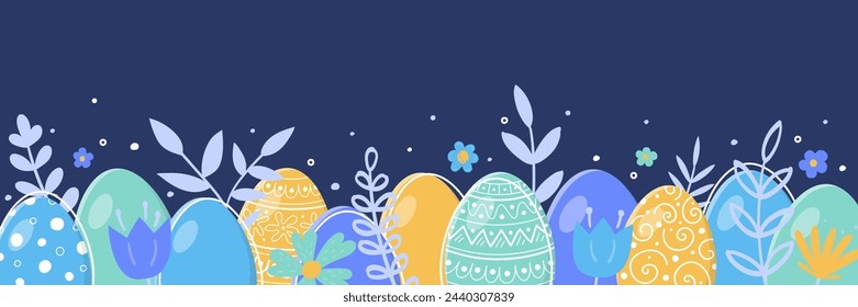 Colourful hand painted Easter eggs. Design for a banner. Panoramic header. Vector illustration