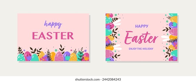 Colourful hand painted Easter eggs, bunnies and flowers. Design of a greeting card. Collection. Vector illustration