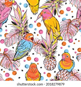 Pájaro de dibujo manual colorido con frutos de verano piñas y hojas tropicales, polka puntos de patrón sin fisuras vector EPS10,Diseño para moda, tela, textil, papel de pared , envoltura y todas las impresiones 