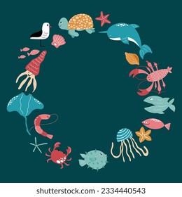 Colourful handdrawn sea animals turtle, fish, crab, lobster, starfish, seagull, jellyfish in a round shape. Vector illustration isolated on dark background.