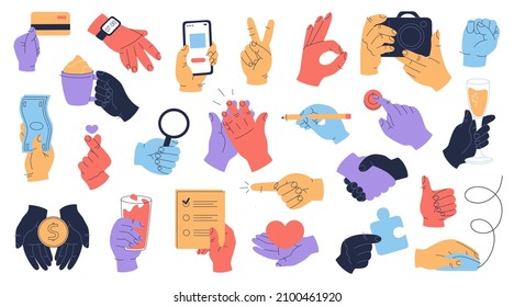 Colourful hands collection with different stuff, clock, phone, credit card, coin, camera, wine glass, heart and various gestures. Vector illustration isolated on white background. Flat cartoon style.