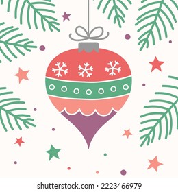 Colourful hanging Christmas baubles Background with decoration. Vector illustration