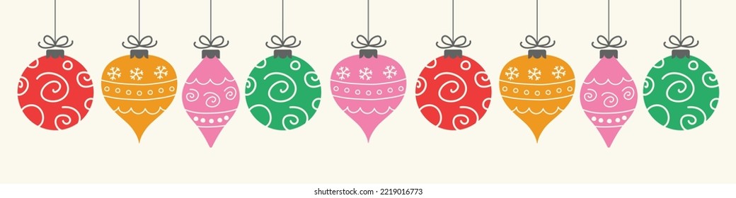 Colourful hanging Christmas baubles. Banner with decorations. Vector illustration
