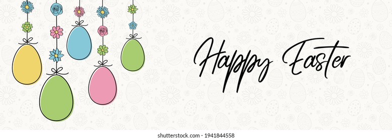 Colourful hanging Easter eggs with wishes. Banner. Vector