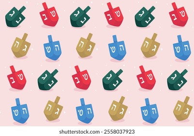 Colourful hanukkah dreidels seamless pattern. Spinning wooden toys for children with letters on four sides. Traditional Jewish holiday game. Vector illustration in cartoon style.