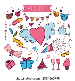 colourful Happy Birthday hand drawn sticker in doodle style