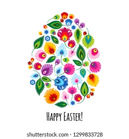 Colourful Happy Easter card with a traditional lowicz floral cutout colorful egg on a white background
