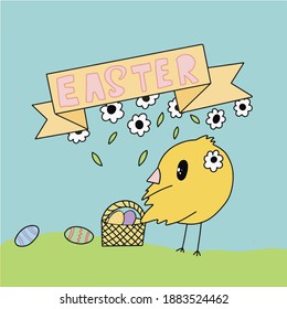 Colorida tarjeta de felicitación Happy Easter con polluelo y huevos y letras dibujadas a mano