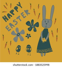 Colourful Happy Easter greeting card with chickens  and rabbit  and hand drawn lettering