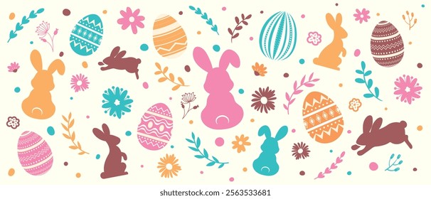 Colourful happy easter vector banner. Cute hand drawn, wallpapers, easter doodle background.