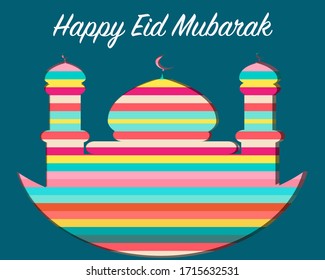 colourful happy eid mubarak with mosque in paper cut style