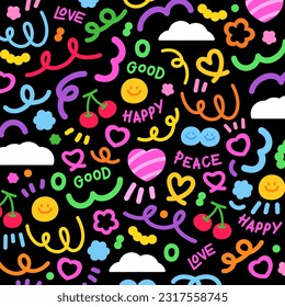 Colourful and happy elements of abstract doodles, heart, cherry, flowers, emoticon, confetti and cloud for icon, sticker, logo, ads, banner, post, print, template, pattern, etc.