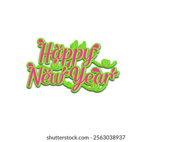 Colourful "Happy New Year" design with pink text and green highlights, featuring decorative hearts and modern typography celebrating the start of the New Year.