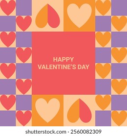 Colourful Happy Valentines Day Card. Trendy Geometric Design of Simple Shapes And Hearts. Vector Editable Template for Social Media Posts, Banners, Posters