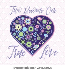 Colourful heart. Circles and flowers pattern. Vector illustration.