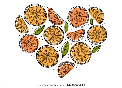
Colourful heart shaped citrus slices and leaves on white background