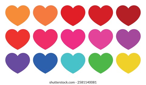 Colourful heart shapes set.  Hearts collection. Valentine's Day. Colourful heart icons, emoji set. different colours. Orange, red, pink, purple, green, yellow. Vector illustration