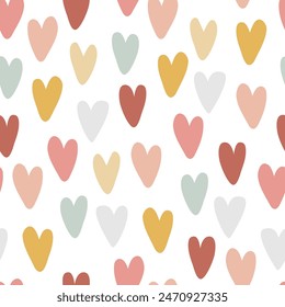 Colourful hearts create a seamless, childish print suitable for apparel, posters, and nursery decoration. This vector rainbow print is vibrant and cheerful.