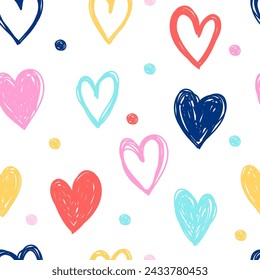 Colourful hearts are seamless. Childish print for apparel, poster, and nursery decoration. Vector rainbow print.	
