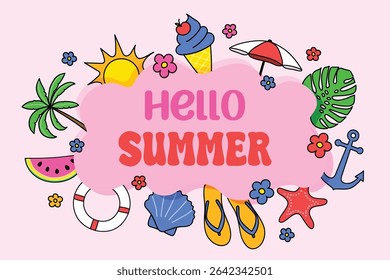 Colourful Hello Summer background with beach symbols. Vector illustration