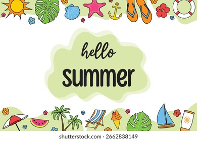 Colorido Hola Fondo de verano con símbolos de playa. Ilustración vectorial